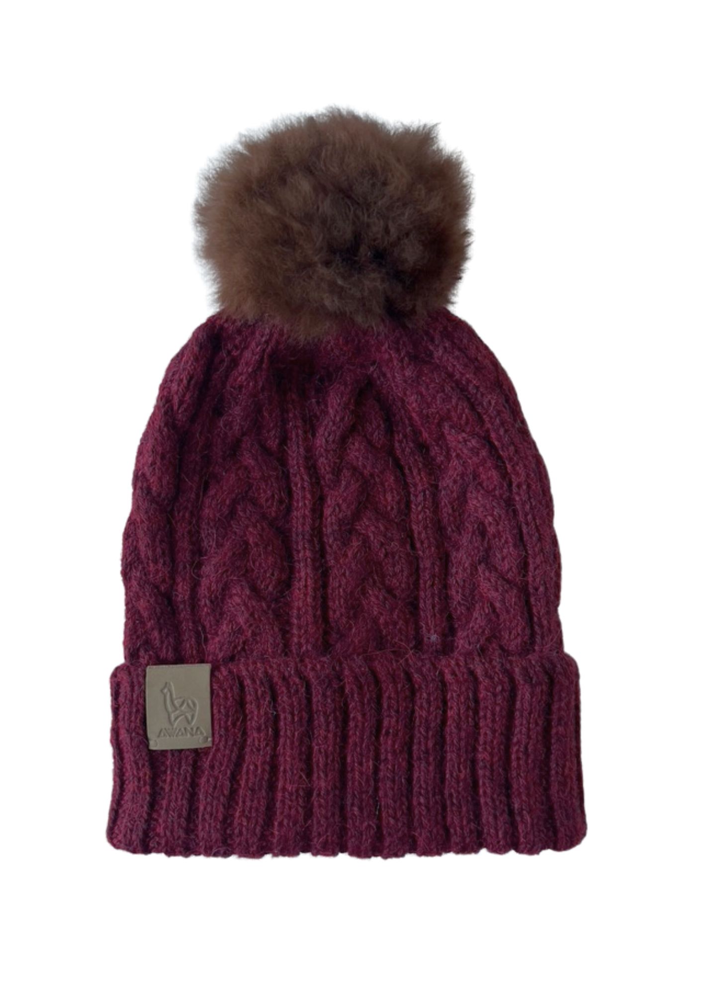 Beanie Burgundy with cables & camel pompom - Image 2