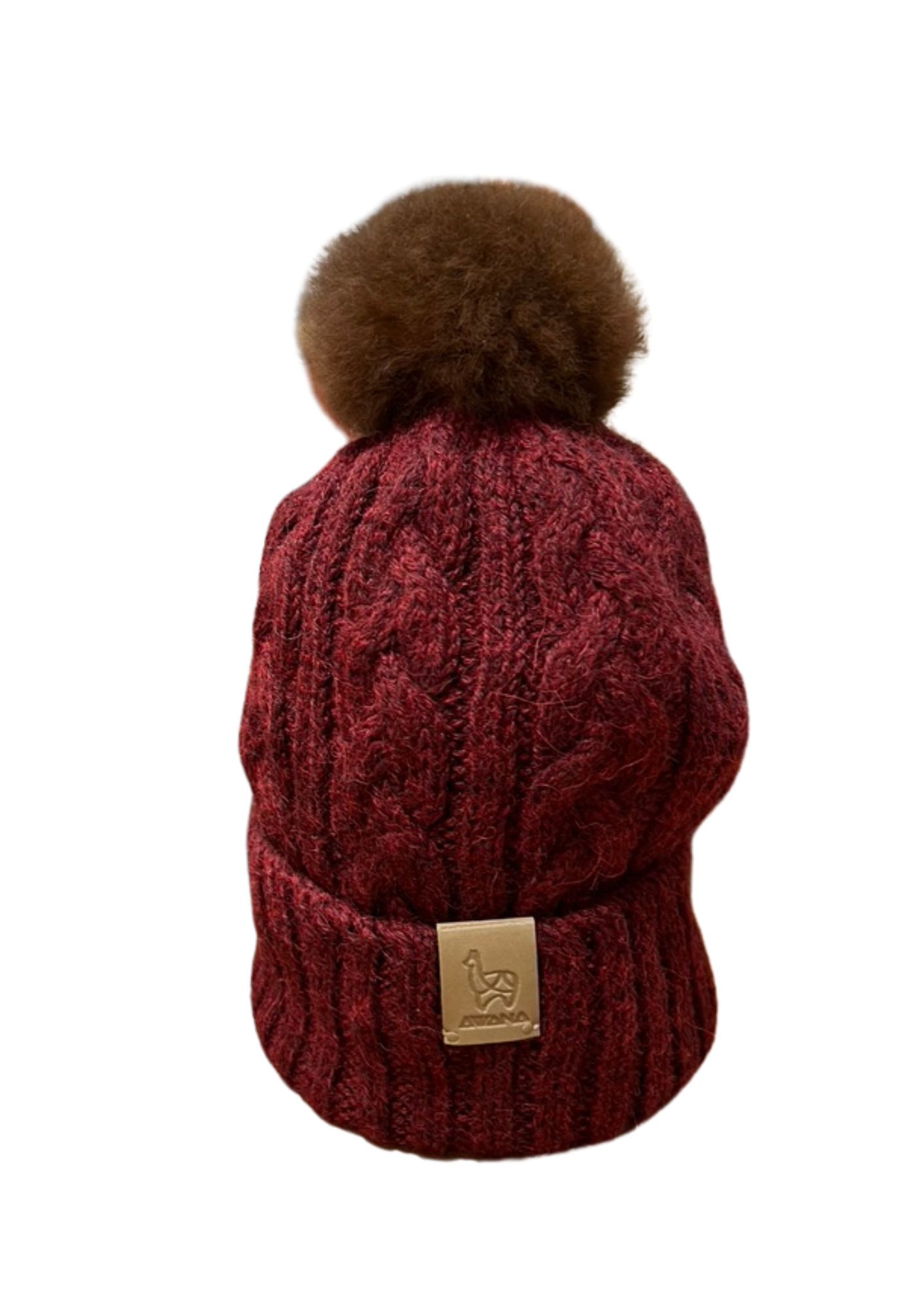 Beanie Burgundy with cables & camel pompom