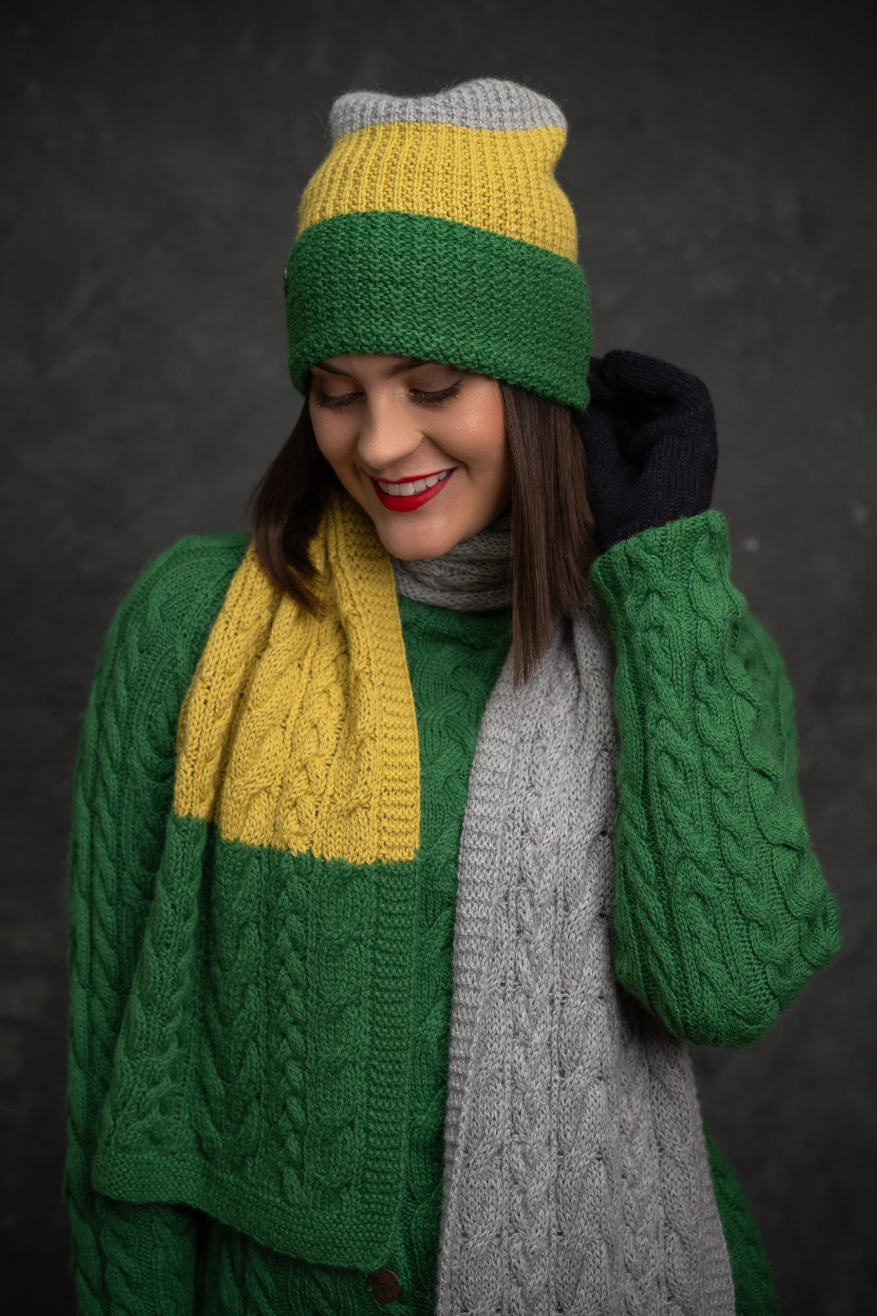 Baby Alpaca Beanie Green Yellow gray